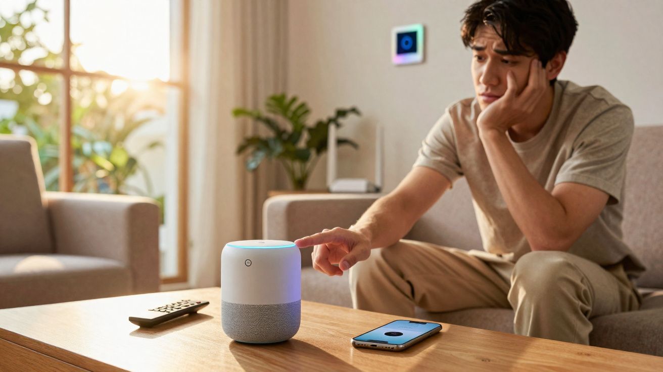 Homem sentado no sofá, interagindo com assistente virtual sobre mesa com controle remoto e celular.