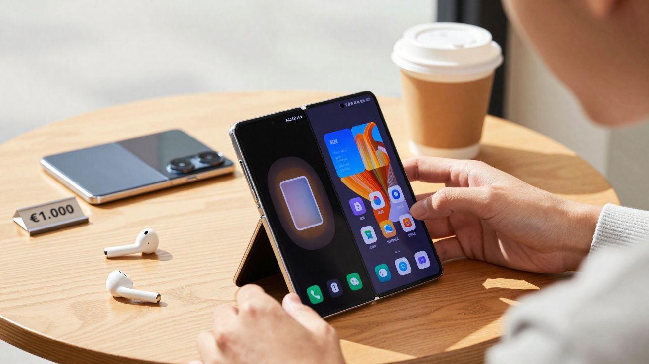 Pessoa segurando smartphone dobrável aberto sobre mesa com fones sem fio, outro celular e copo de café.