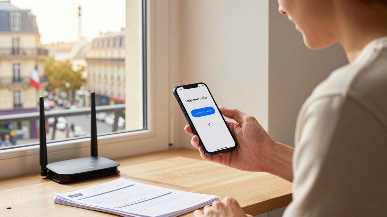 Pessoa segurando celular com alerta de chamada desconhecida, ao lado de roteador e documentos em mesa perto da janela.