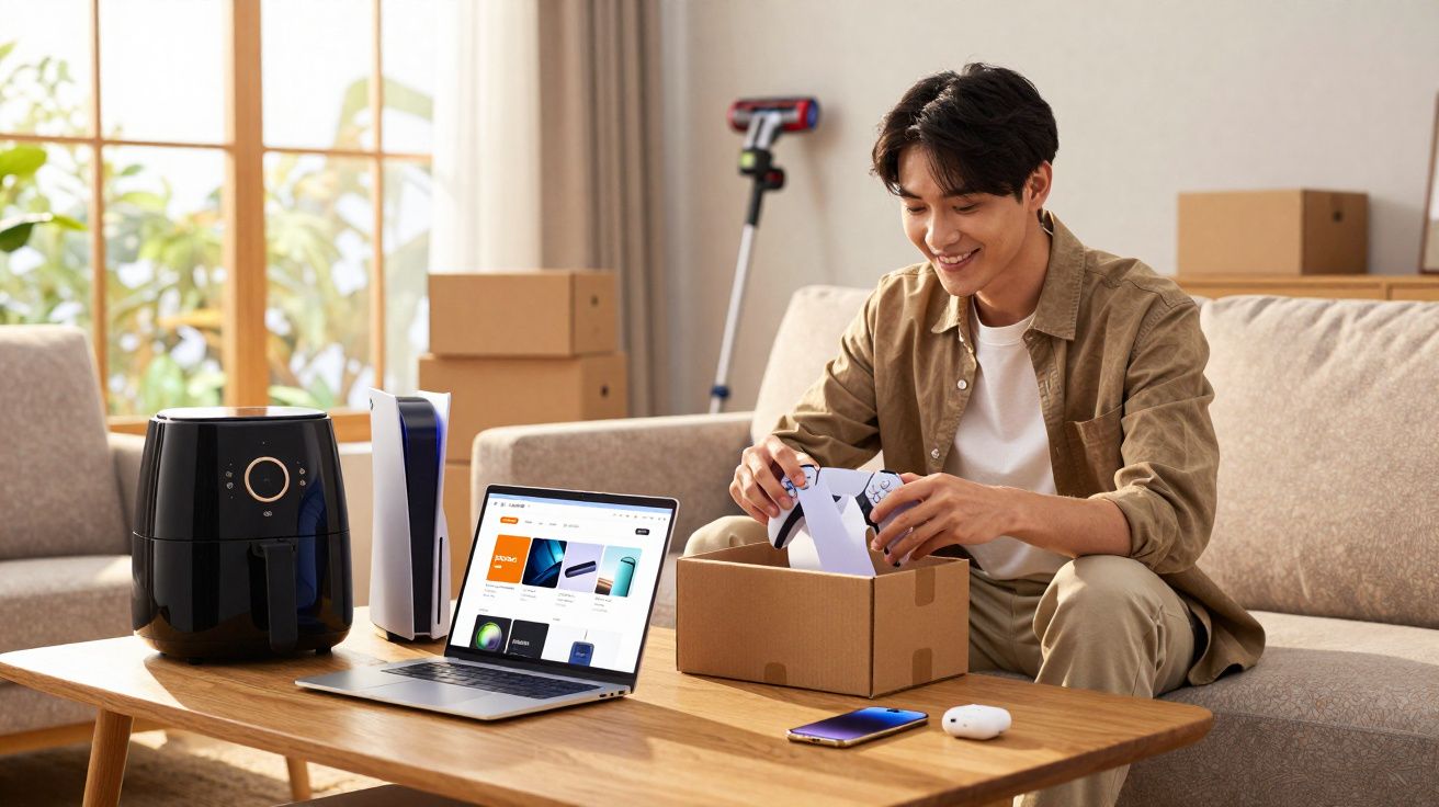 Homem desempacotando controle de videogame ao lado de laptop, videogame e fritadeira na sala.