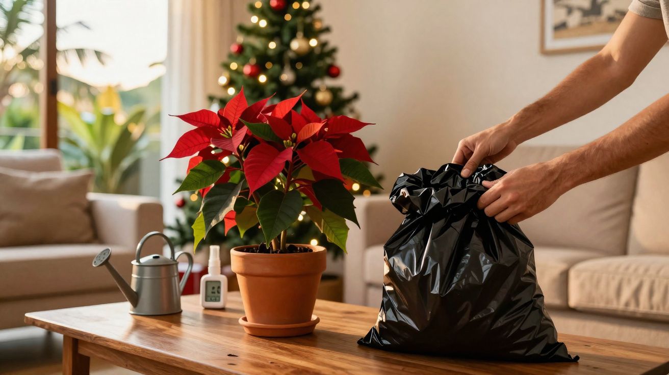 Pessoa fechando saco preto sobre mesa com vaso de uma flor-de-natal, regador e termômetro, árvore de natal ao fundo.