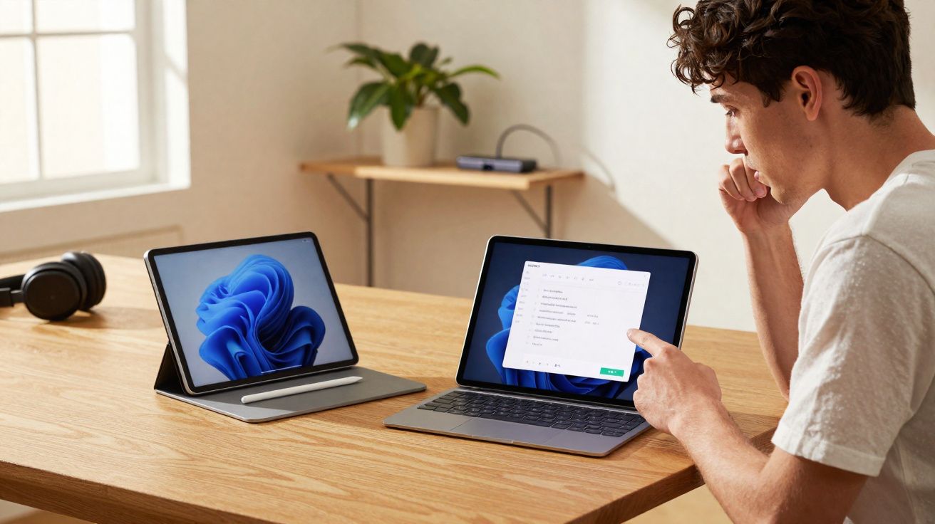 Homem usando laptop e tablet com Windows 11 em mesa de madeira em ambiente iluminado.