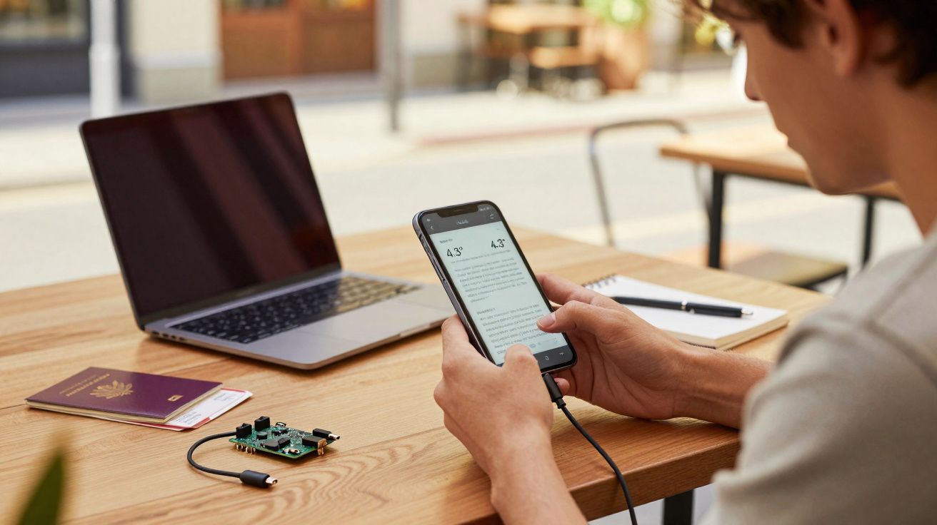 Pessoa usando smartphone conectado a placa eletrônica, notebook fechado e passaporte sobre mesa de madeira.