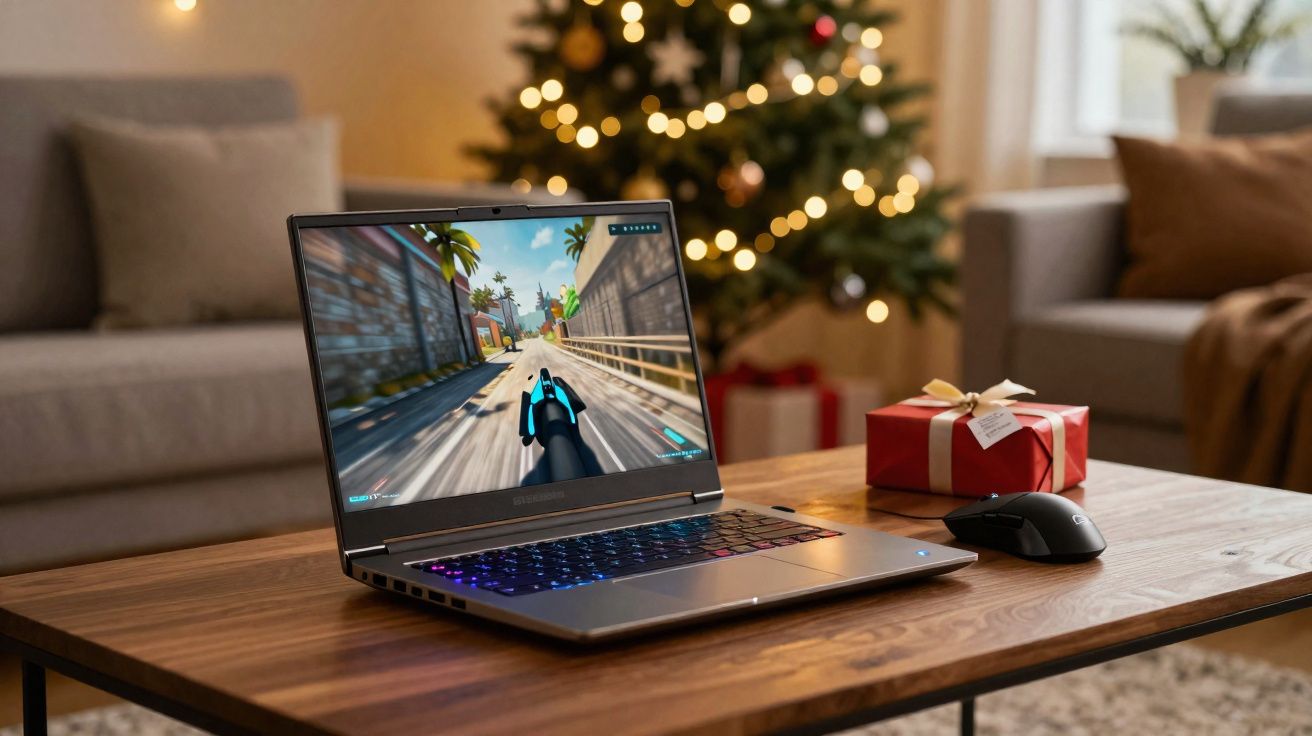 Laptop com jogo aberto em mesa de madeira, mouse ao lado, presente e árvore de Natal ao fundo.
