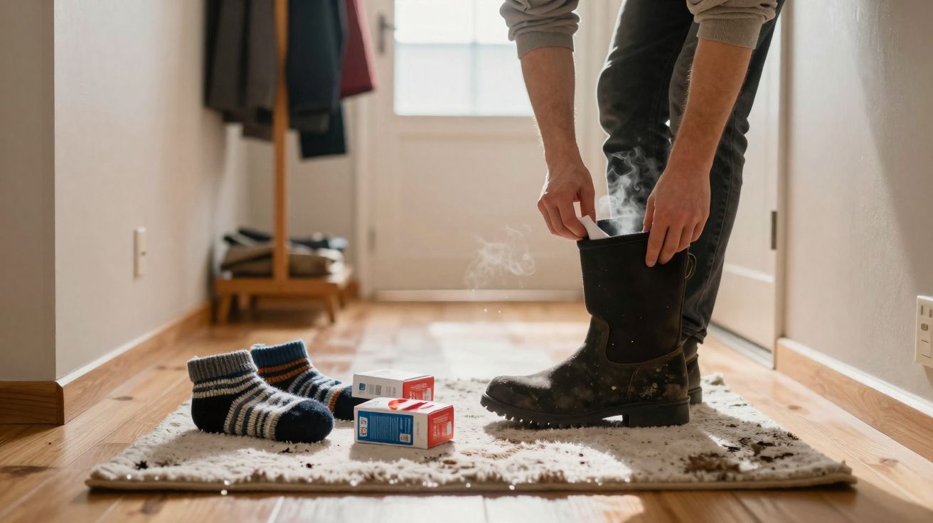 Pessoa colocando sachê fumegante dentro de bota preta sobre tapete em corredor com meias e caixas ao lado.