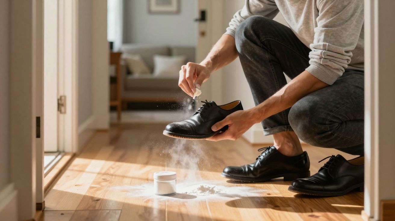 Pessoa aplicando pó em sapato social preto em ambiente interno com piso de madeira.
