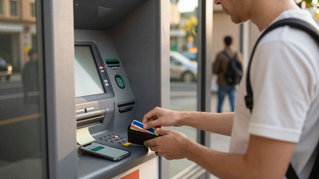 Pessoa usando cartão de banco para sacar dinheiro em caixa eletrônico na rua.