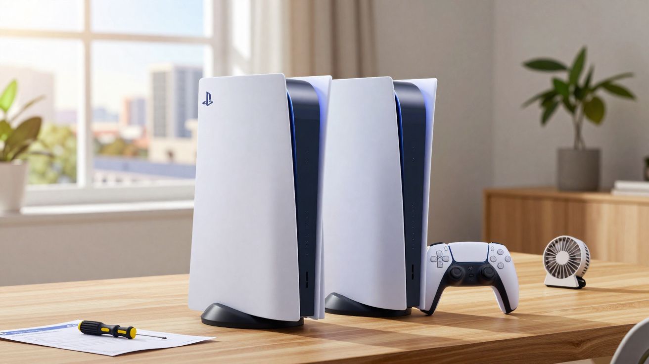 Dois consoles PlayStation 5 brancos e um controle DualSense sobre mesa de madeira em ambiente iluminado.