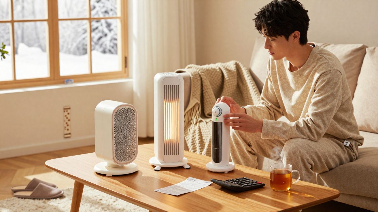 Homem ajusta aquecedor portátil em sala com janela mostrando neve, mesa com chá e controle remoto.