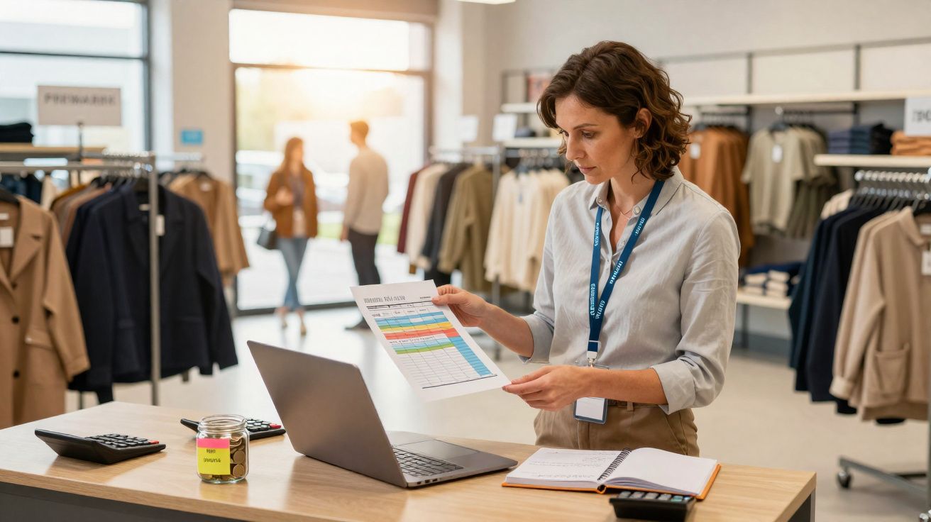 Mulher analisando planilha em folha, em frente a computador, em loja de roupas organizada.