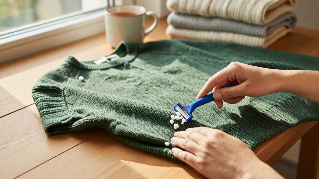 Pessoa removendo bolinhas de suéter verde com aparelho removedor em mesa de madeira junto a xícara e pilha de roupas.