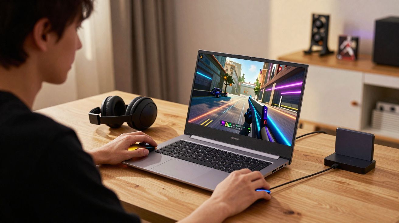 Pessoa jogando jogo de tiro em laptop prateado sobre mesa de madeira com fone preto ao lado