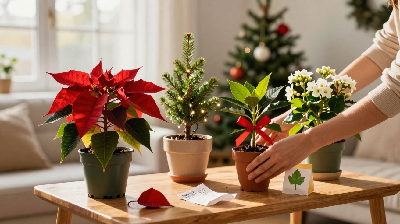 Mesa com vasos de plantas natalinas: poinsétia vermelha, pinheiro pequeno, planta com laço vermelho e flores brancas.