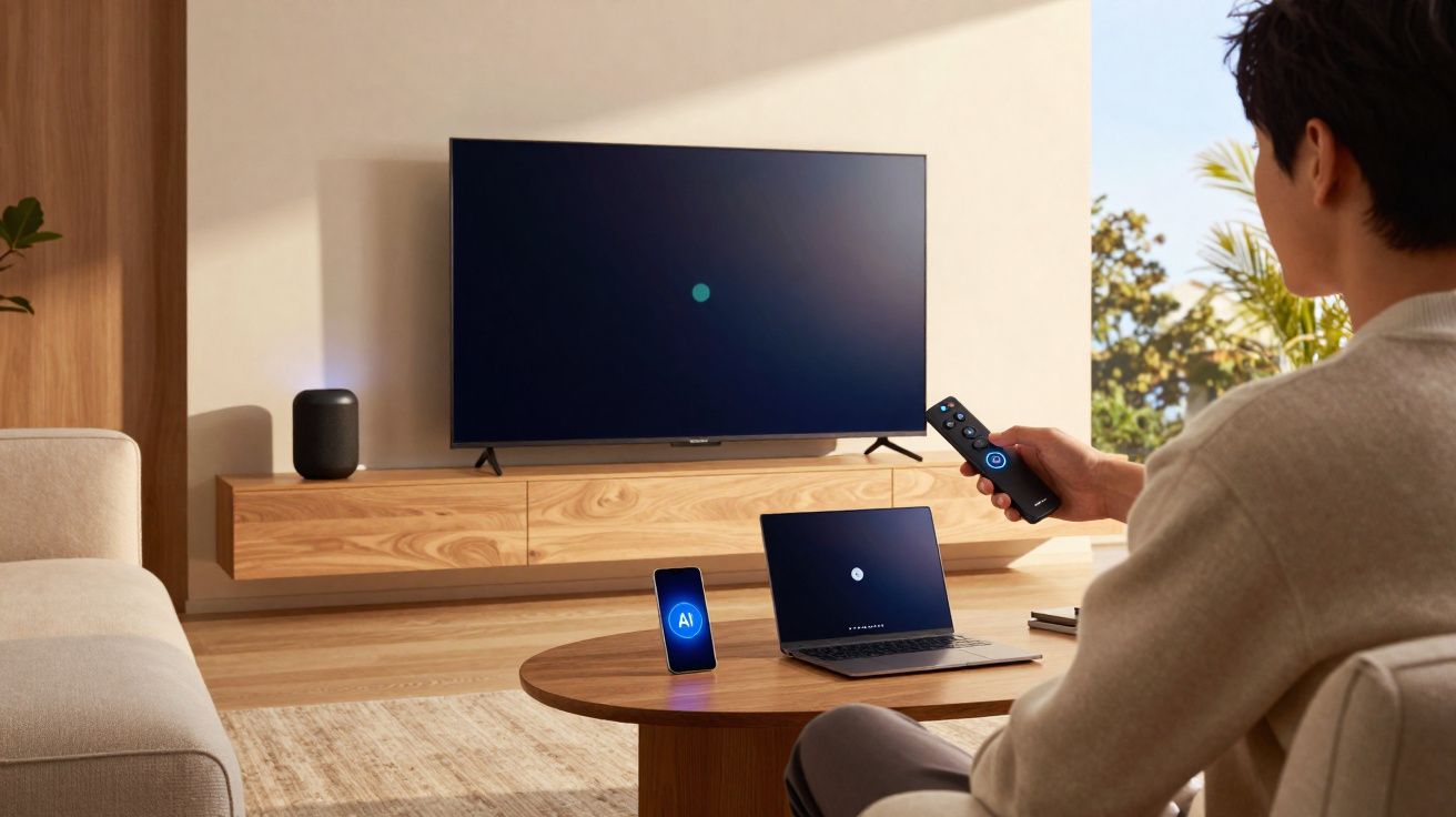 Pessoa controlando televisão com controle remoto em sala com notebook e smartphone em mesa de centro.