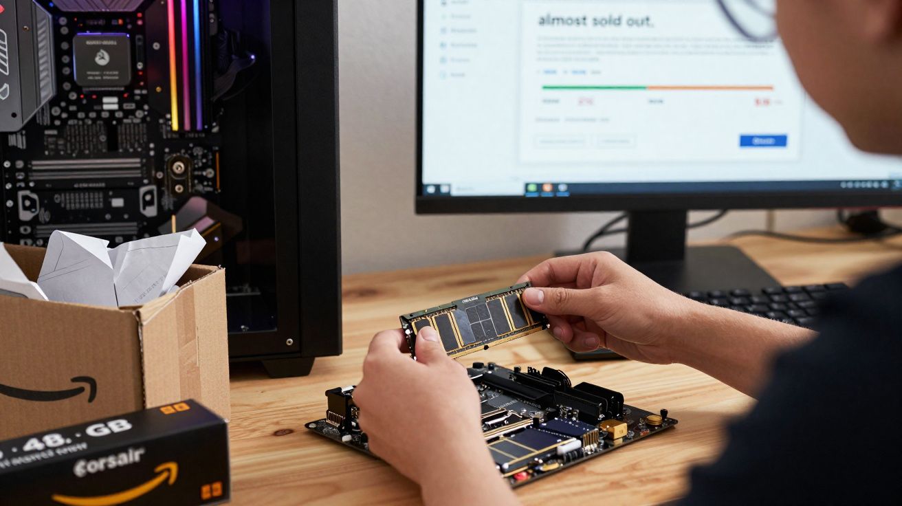 Pessoa instalando memória RAM em placa-mãe com computador e monitor ao fundo em mesa de madeira.