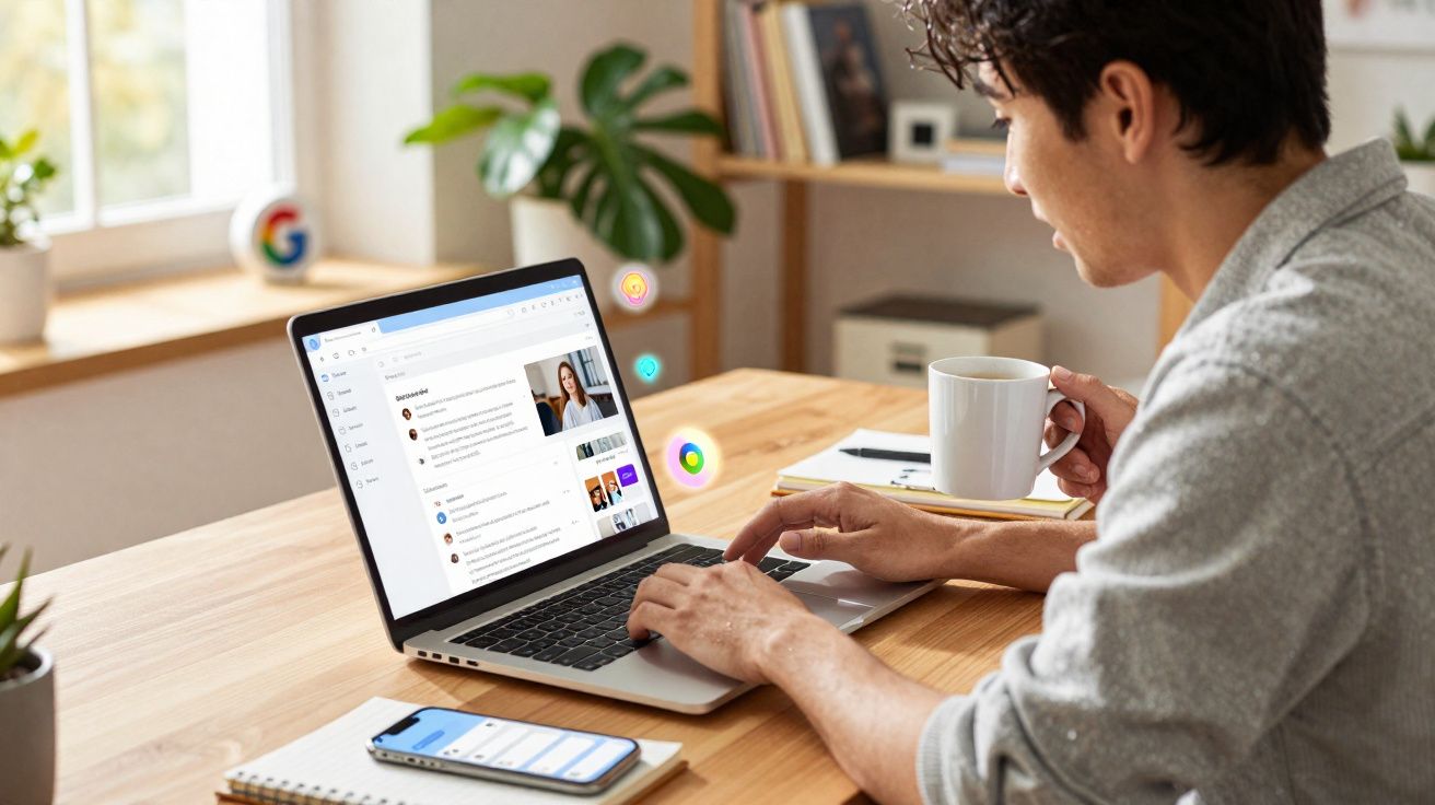 Pessoa usando laptop e segurando caneca, com celular e caderno na mesa em ambiente iluminado por janela.