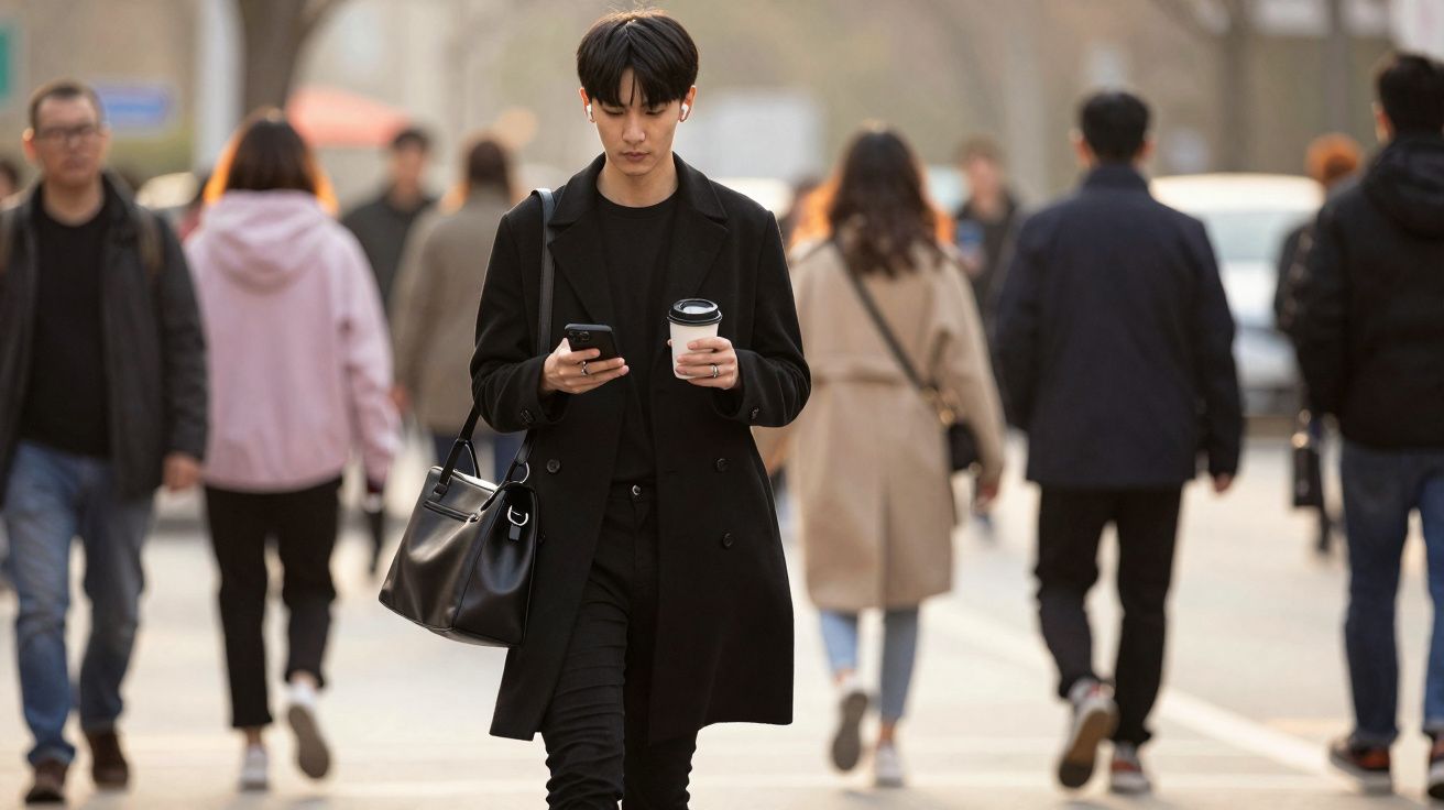 Pessoa de cabelo curto e roupa preta, caminhando na rua, segurando celular e copo de café para viagem.