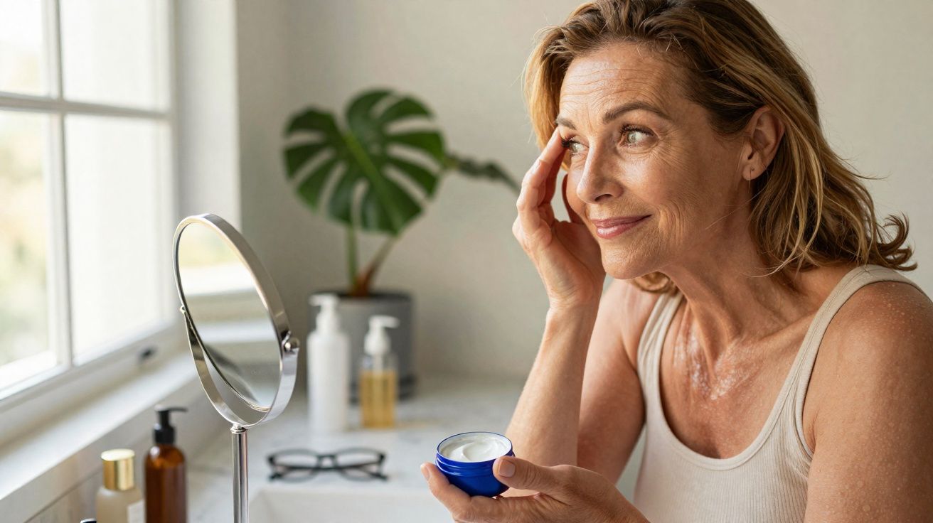 Mulher madura aplicando creme no rosto em frente ao espelho em ambiente iluminado e decorado.
