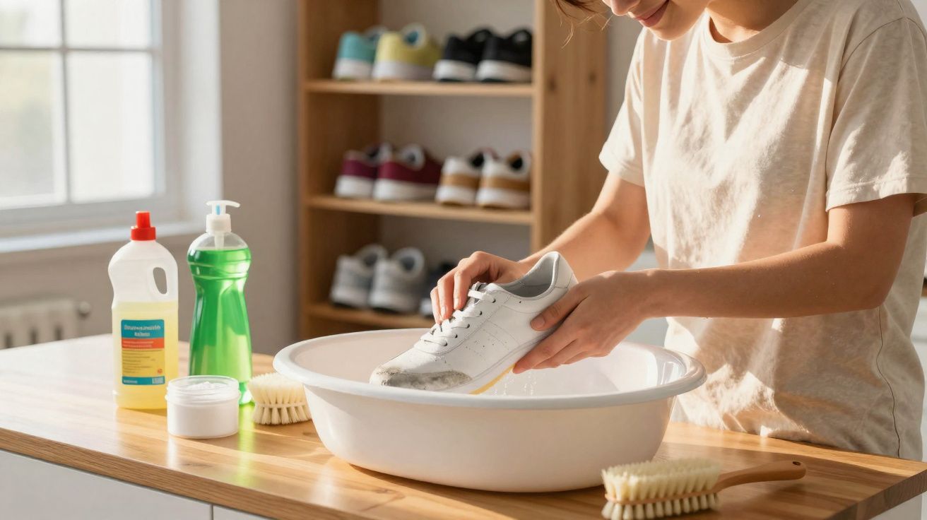 Pessoa lavando tênis branco em bacia com produtos de limpeza em mesa de madeira.