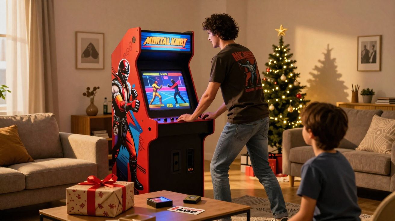 Jovem jogando arcade Mortal Kombat em sala decorada para Natal com árvore e presentes ao redor.