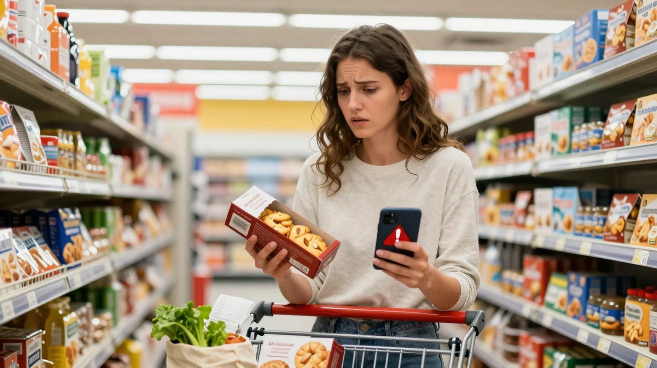 Mulher no supermercado segurando caixa de biscoitos e celular, aparentando dúvida ou preocupação.