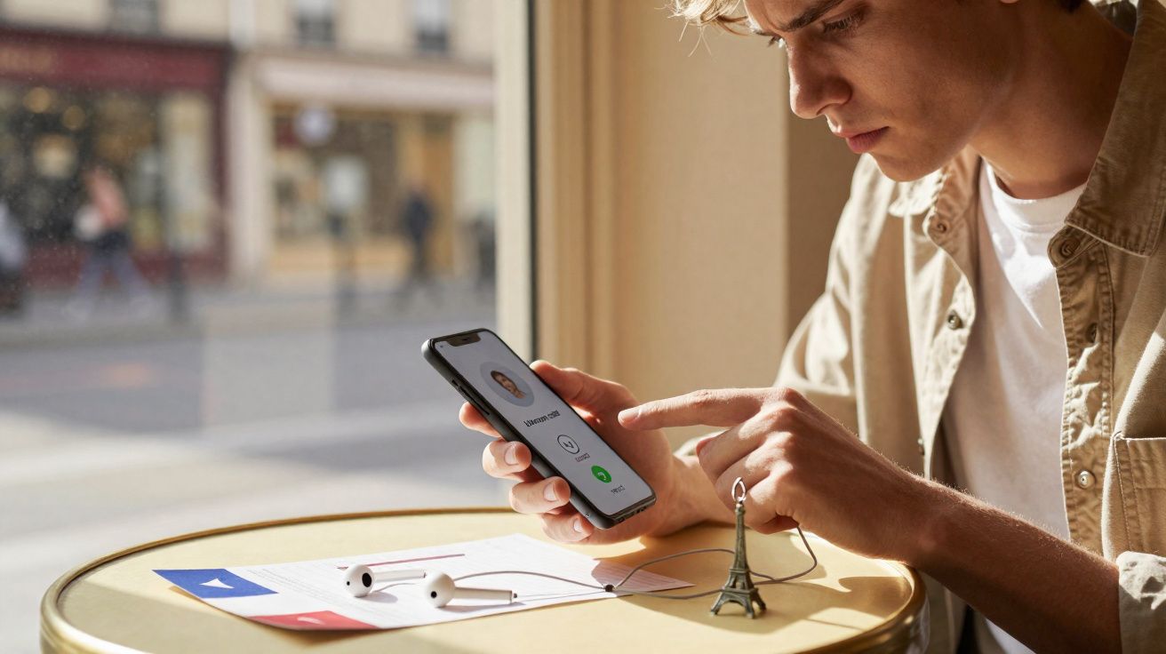 Jovem sentado em mesa redonda, mexendo no celular com fone de ouvido e miniatura da Torre Eiffel.