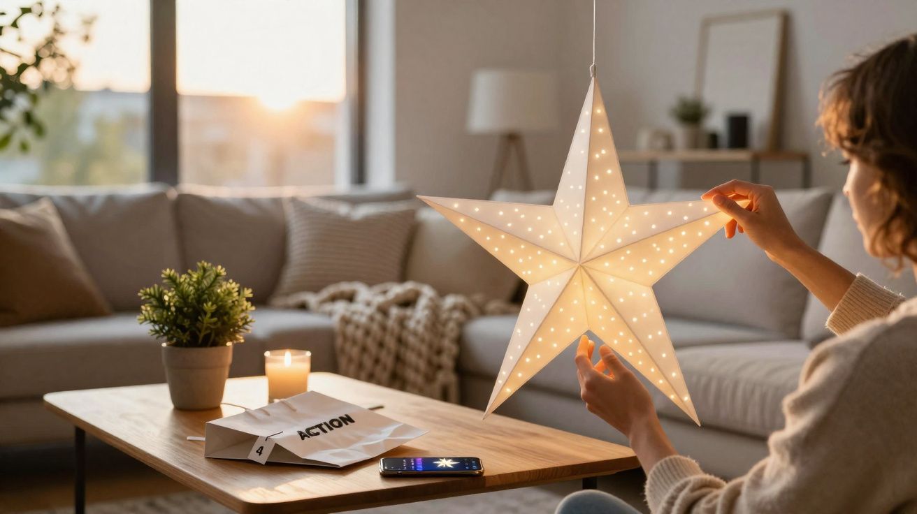 Pessoa segurando estrela luminosa decorativa em sala com sofá, mesa de centro e vela acesa.