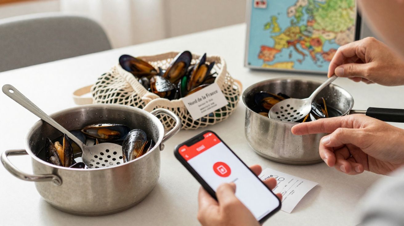 Mãos segurando smartphone e escumadeira, mexendo mexilhões em panelas na mesa com mapa ao fundo.