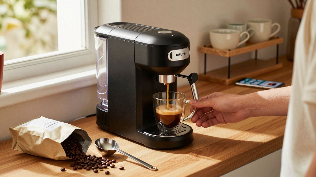 Máquina de café preta preparando café expresso em xícara de vidro em bancada de madeira clara.