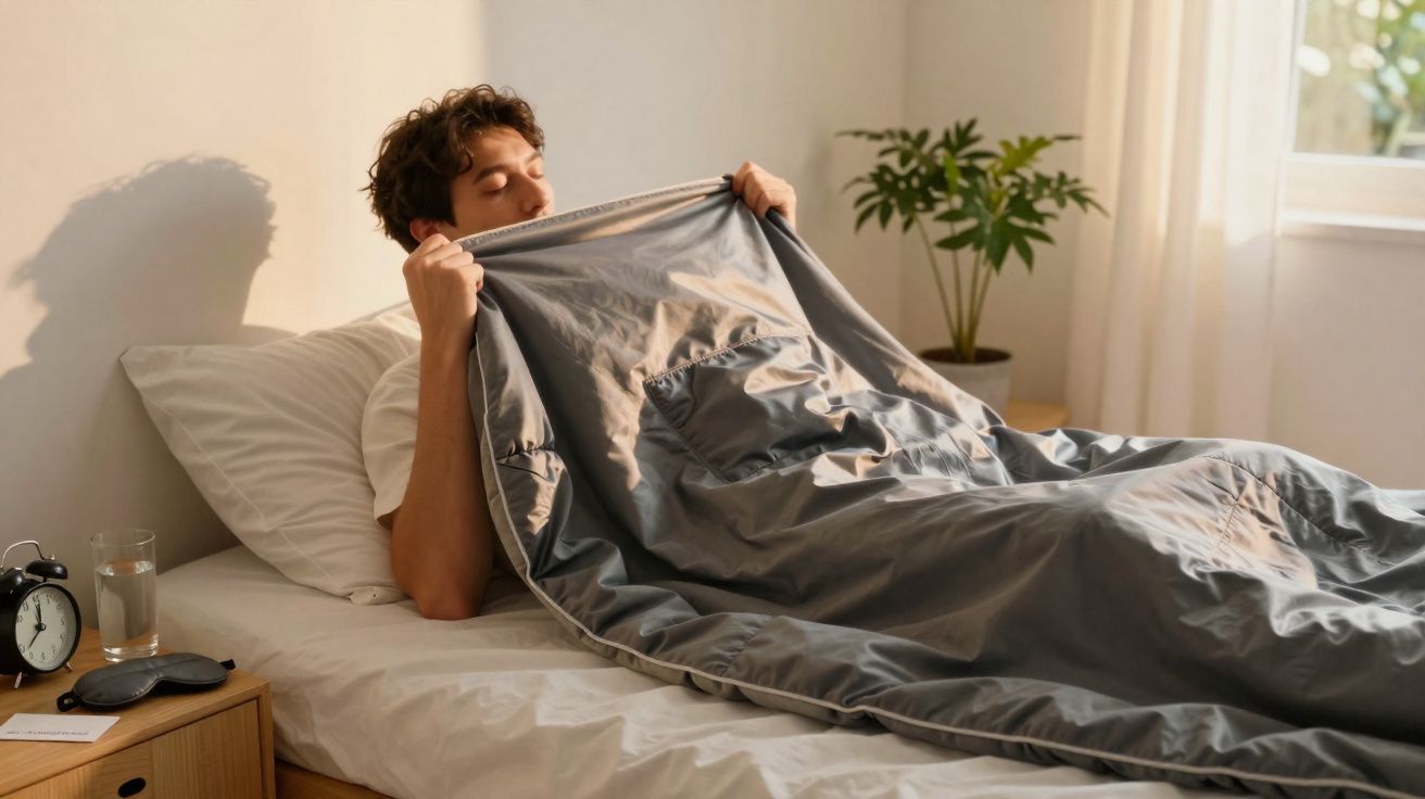 Homem acordando na cama, segurando e cheirando cobertor cinza em quarto iluminado pelo sol.