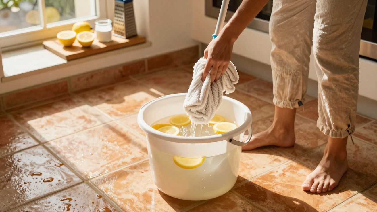 Pessoa espremendo um pano em balde com água e rodelas de limão em cozinha iluminada pelo sol.