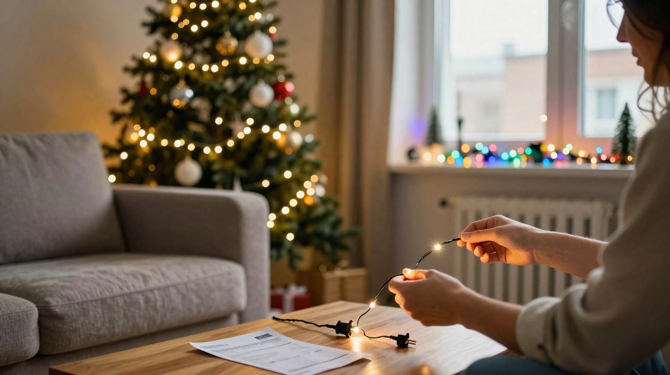 Pessoa segurando pisca-pisca aceso com árvore de Natal e sofá ao fundo em ambiente interno iluminado.