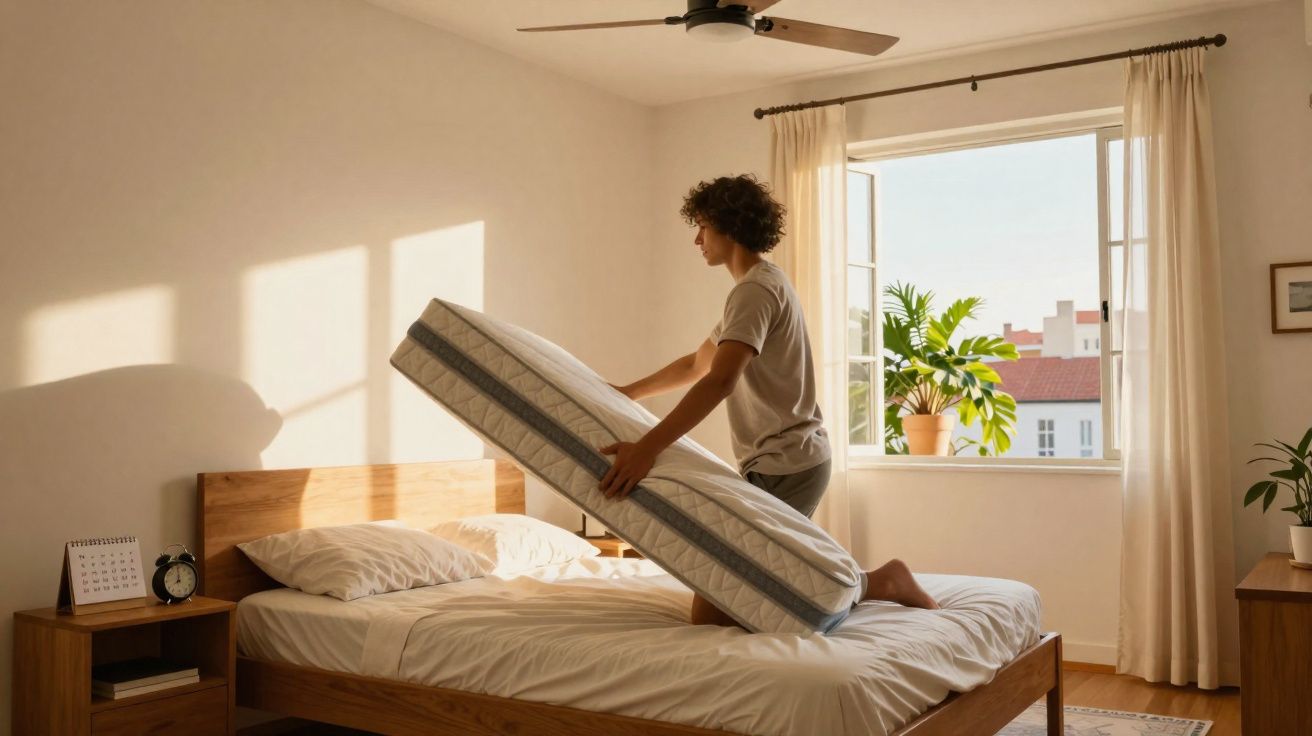 Pessoa arrumando cama em quarto iluminado por luz natural, com janela aberta e plantas ao fundo.