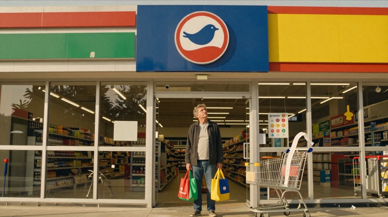 Homem com sacolas coloridas em frente à entrada de supermercado com carrinho do lado direito.