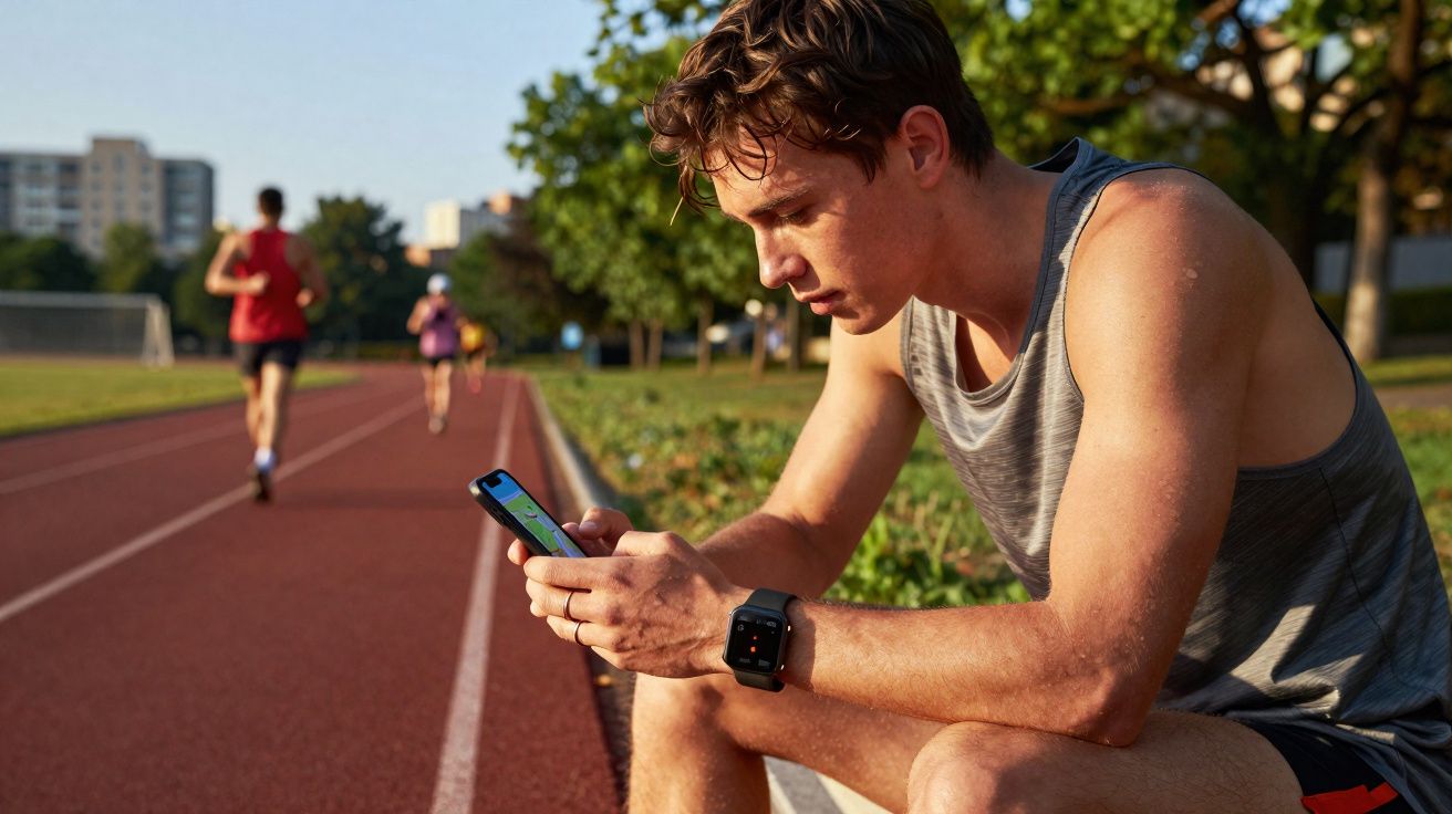 Homem sentado na pista de atletismo usando celular e smartwatch, enquanto outros correm ao fundo.
