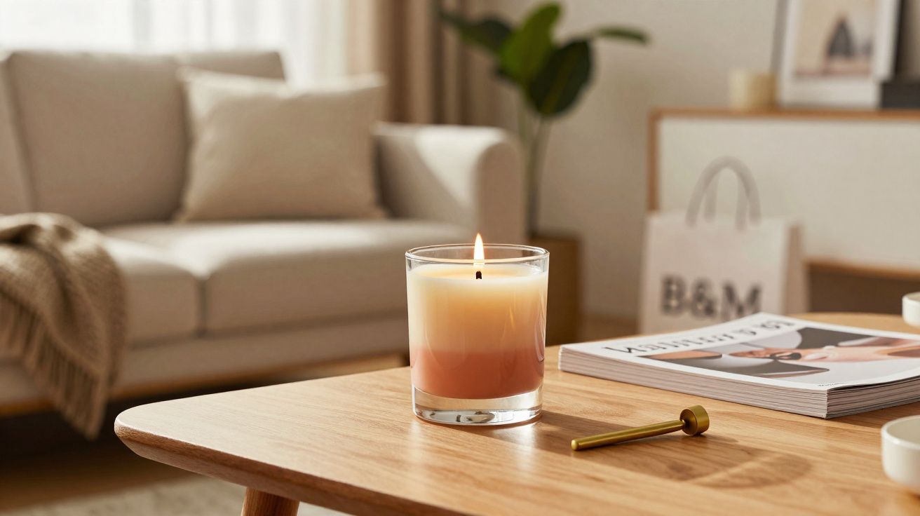 Vela acesa em copo sobre mesa de madeira com sofá e plantas desfocados ao fundo em sala iluminada.