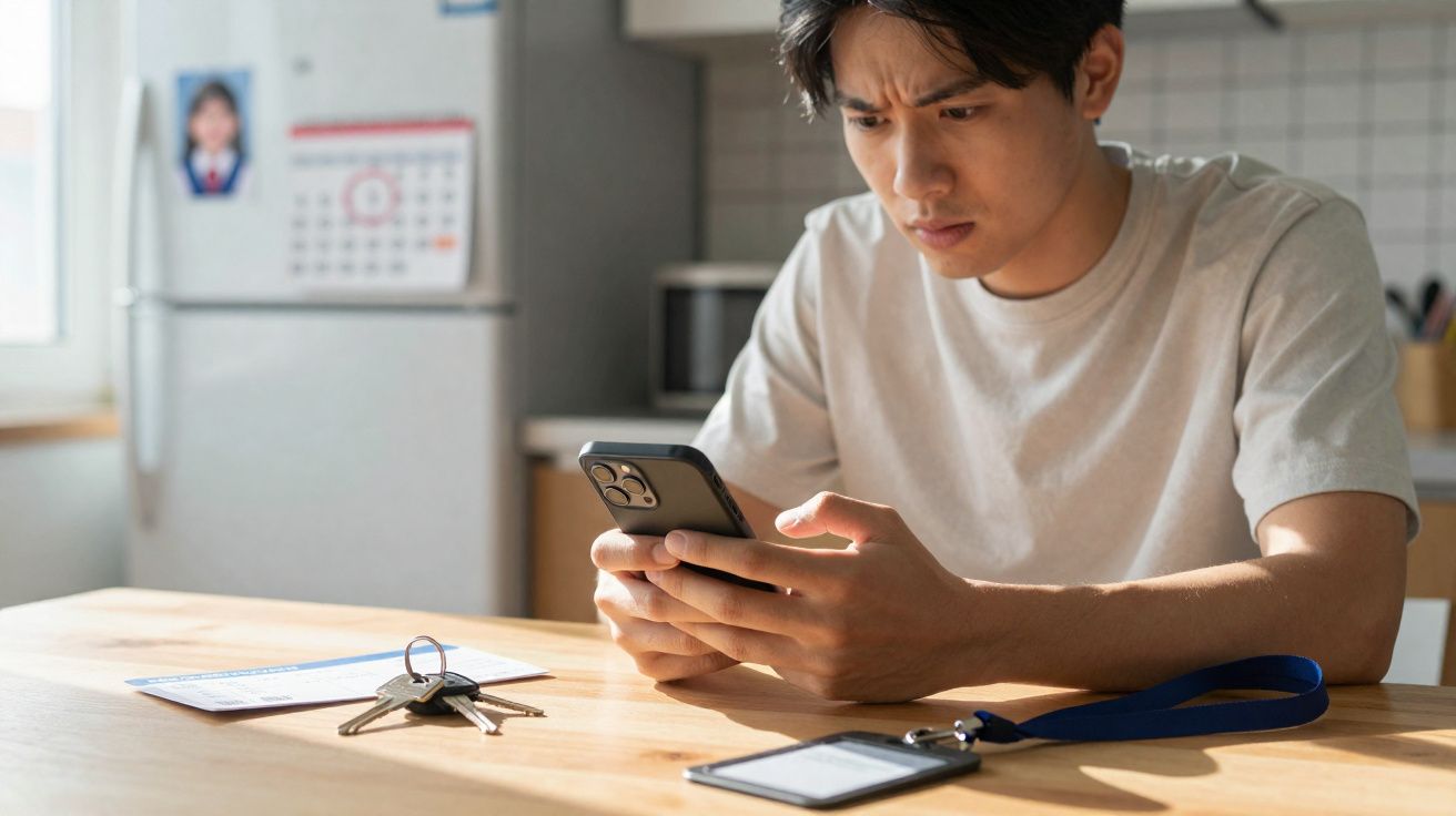 Homem jovem preocupado usando celular sentado à mesa com chaves e documento ao lado em ambiente doméstico.