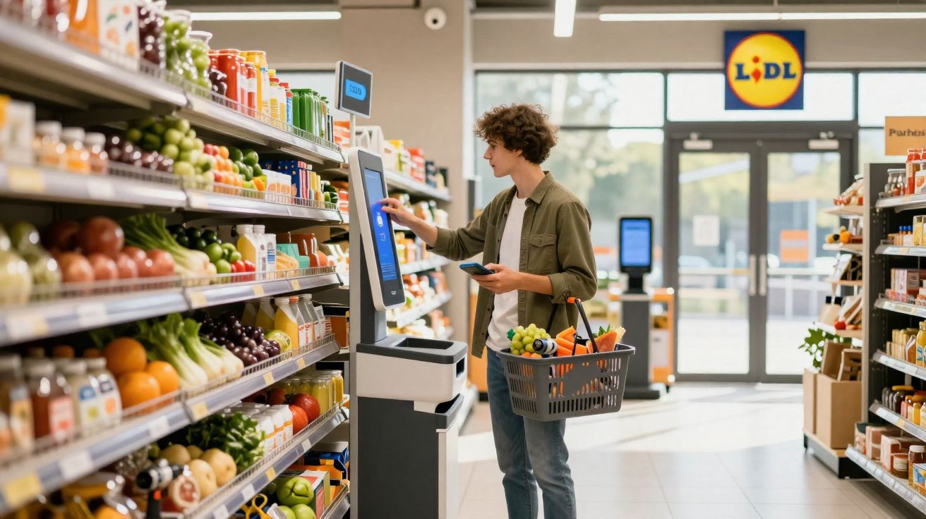 Jovem faz compras no caixa de autoatendimento em supermercado Lidl, segurando cesta com frutas e legumes.