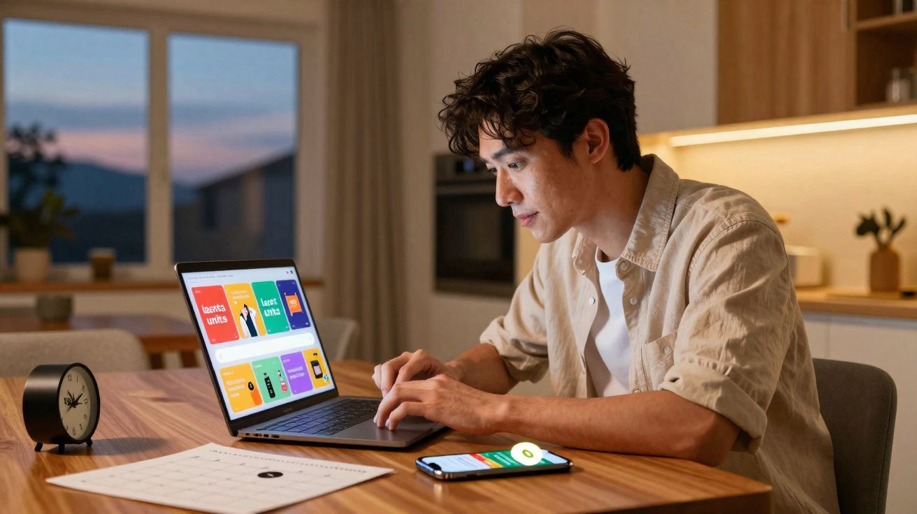 Homem usando laptop em mesa de jantar iluminada, com celular e relógio analógico ao lado.