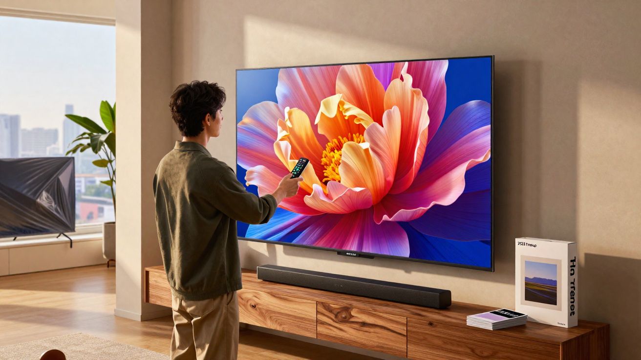 Homem com controle remoto em pé assistindo a TV grande com imagem colorida de flor vibrante.