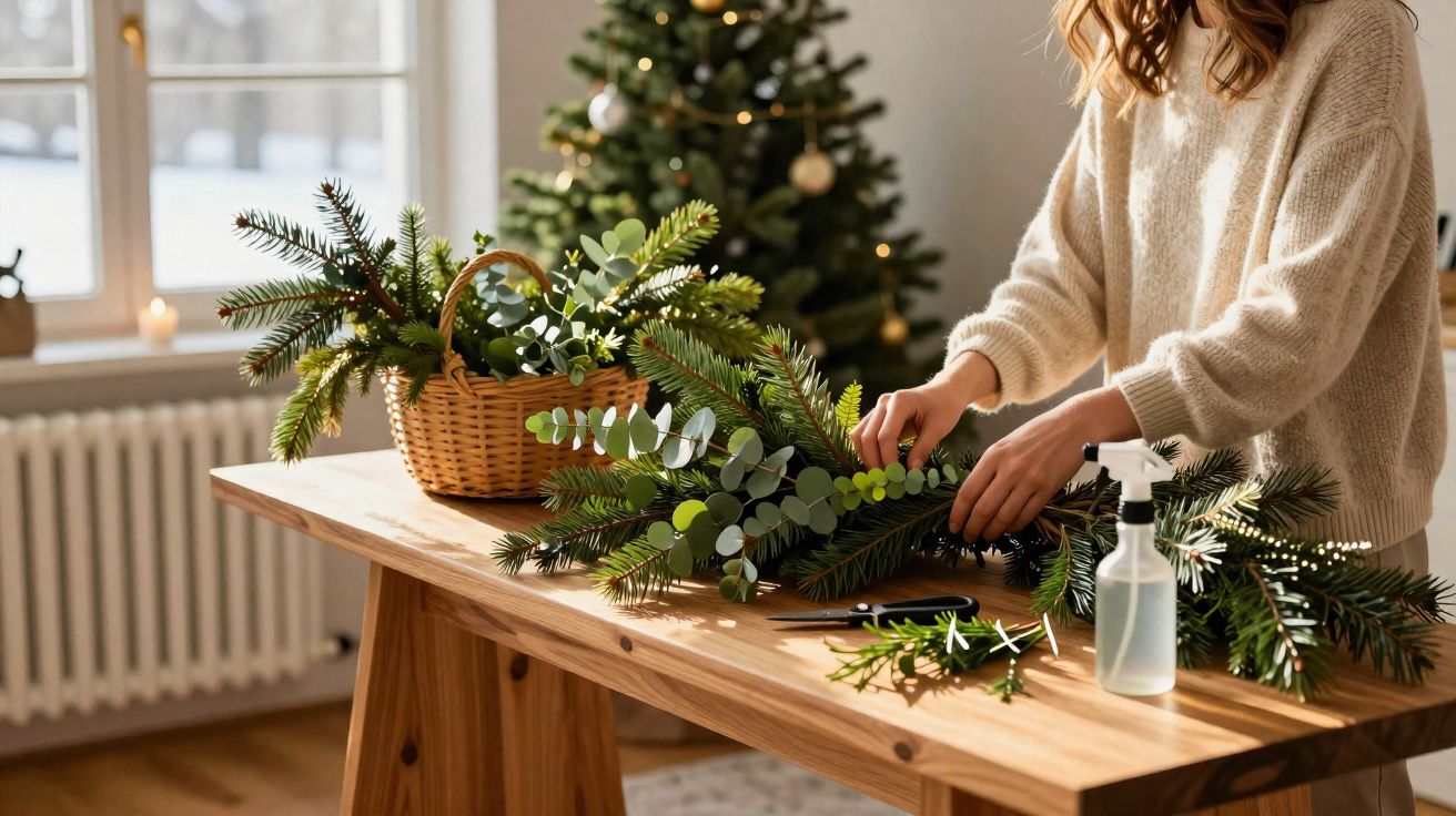 Pessoa arrumando arranjo de folhagens naturais sobre mesa de madeira em ambiente com árvore de Natal.