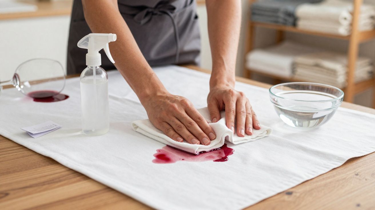 Pessoa limpando mancha de vinho tinto em tecido branco com pano, spray e bacia de água sobre mesa de madeira.
