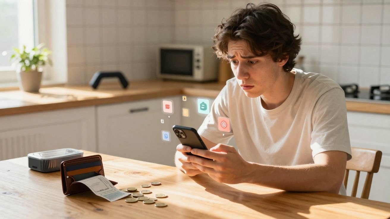 Jovem preocupado usando celular na cozinha com moedas e carteira sobre a mesa de madeira.