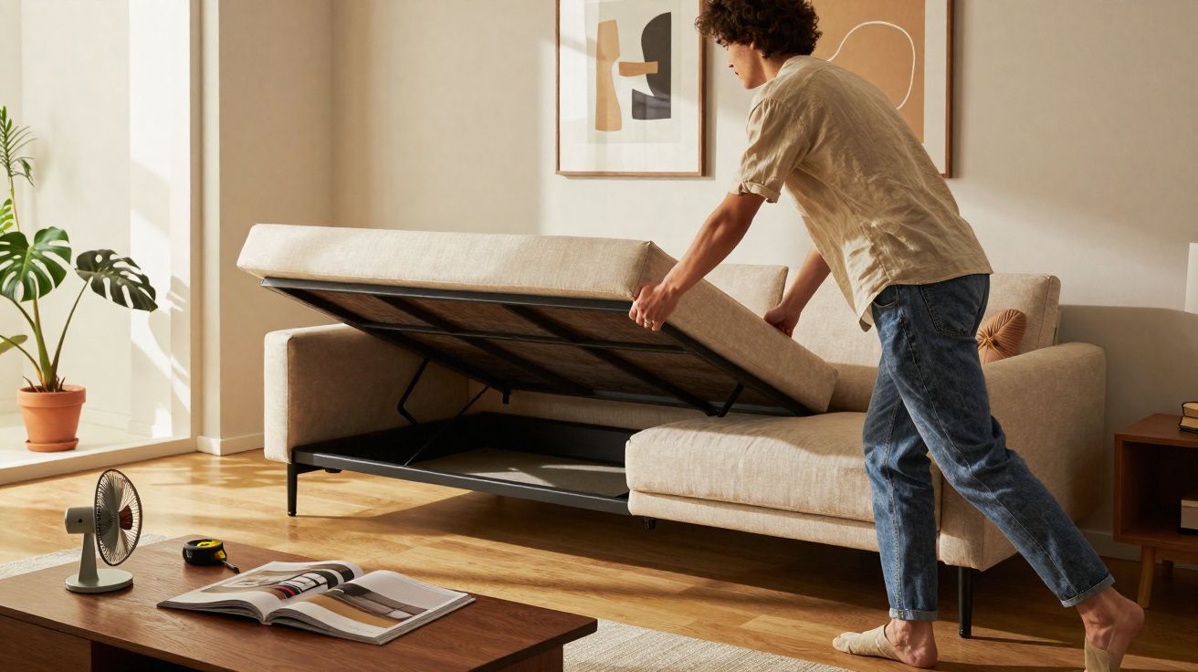 Pessoa abrindo compartimento de armazenamento em sofá claro em sala de estar iluminada.