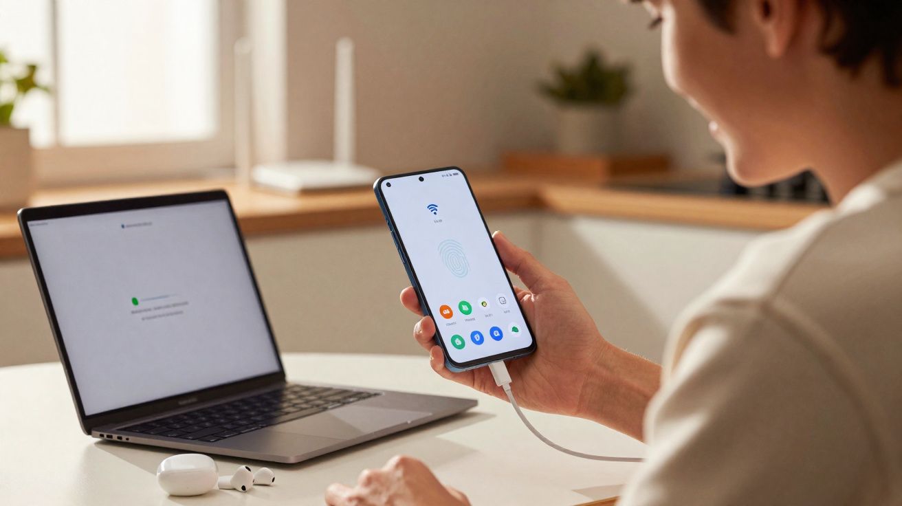 Pessoa segurando celular conectado por cabo, com laptop e fones de ouvido em mesa branca.