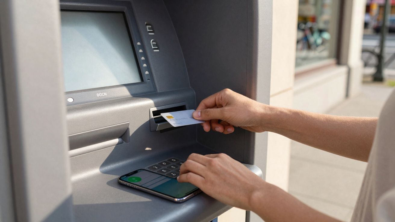 Pessoa usando cartão e celular para transação em caixa eletrônico ao ar livre.
