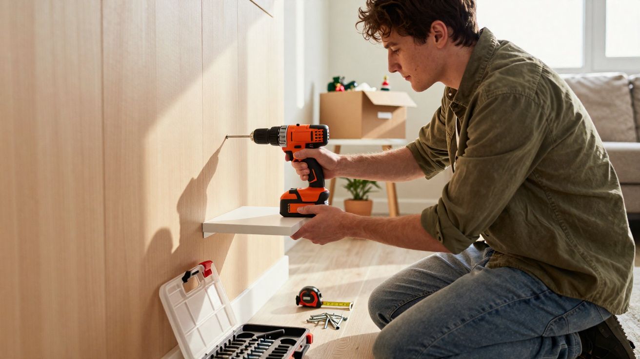 Homem instala prateleira usando furadeira em ambiente interno com ferramentas ao redor.