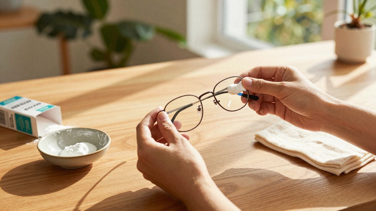 Mãos aplicando creme de limpeza em óculos com pano e embalagem em mesa de madeira clara.