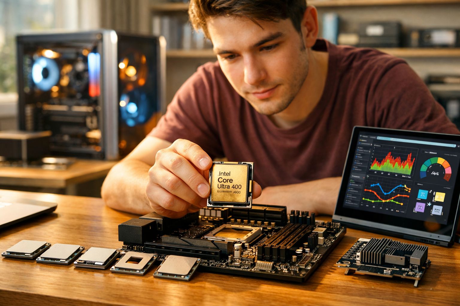Jovem instalando processador Intel Core Ultra 400 em placa-mãe com computador e notebook ao fundo.