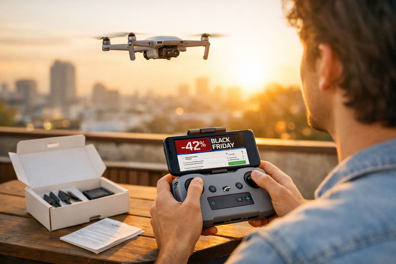Pessoa controla drone com controle remoto que mostra promoção de Black Friday com 42% de desconto.